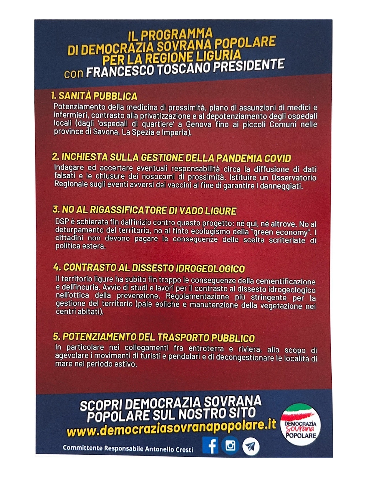 ELEZIONI REGIONALI LIGURIA - IL PROGRAMMA 